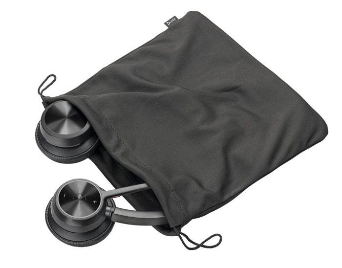 A Voyager 4200 UC stereo headset is half out and half in a pouch.